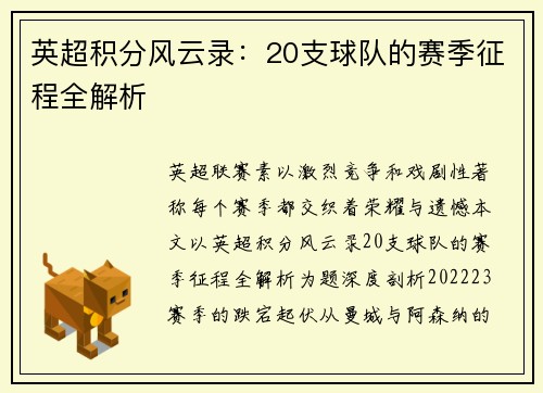 英超积分风云录：20支球队的赛季征程全解析